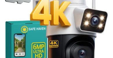 Câmera de segurança externa Wi-Fi instalada em área residencial